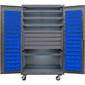Configurable Mobile Bin Cabinet, 48"x24"x85", 5 Shelves, 4 Drawers, 120 Blue Bins