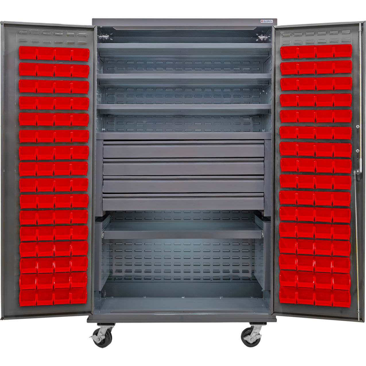 Configurable Mobile Bin Cabinet, 48"x24"x85", 5 Shelves, 4 Drawers, 120 Red Bins