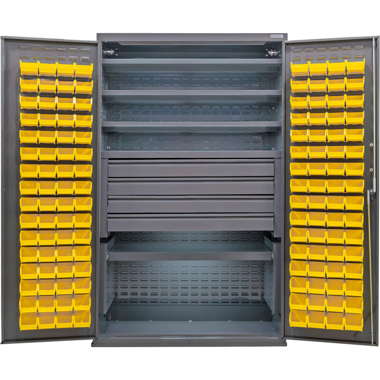 Configurable Drawer Cabinet, 48"Wx24"Dx78"H, 5 Shelves, 4 Drawers, 120 YLW Bins