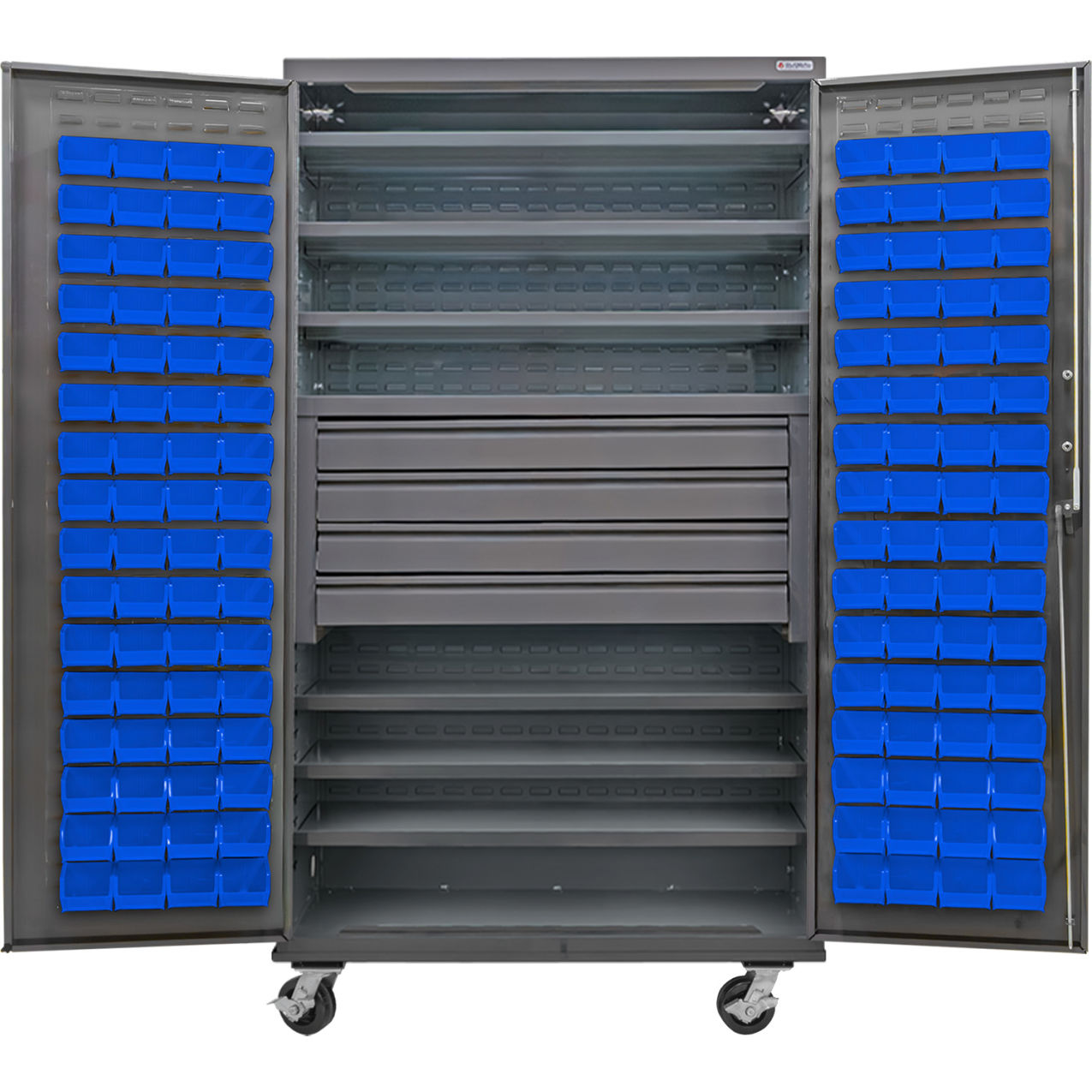 Configurable Mobile Bin Cabinet, 48"x24"x85", 6 Shelves, 4 Drawers, 120 Blue Bins