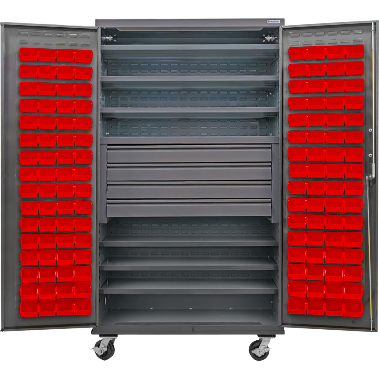Configurable Mobile Bin Cabinet, 48"x24"x85", 6 Shelves, 4 Drawers, 120 Red Bins