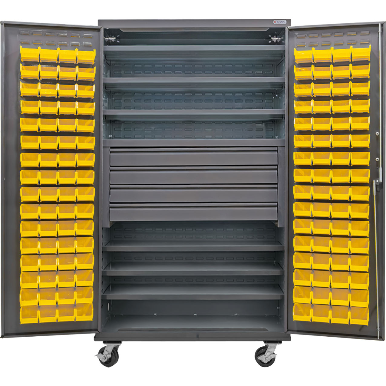 Configurable Mobile Bin Cabinet, 48"x24"x85", 6 Shelves, 4 Drawers, 120 YLW Bins