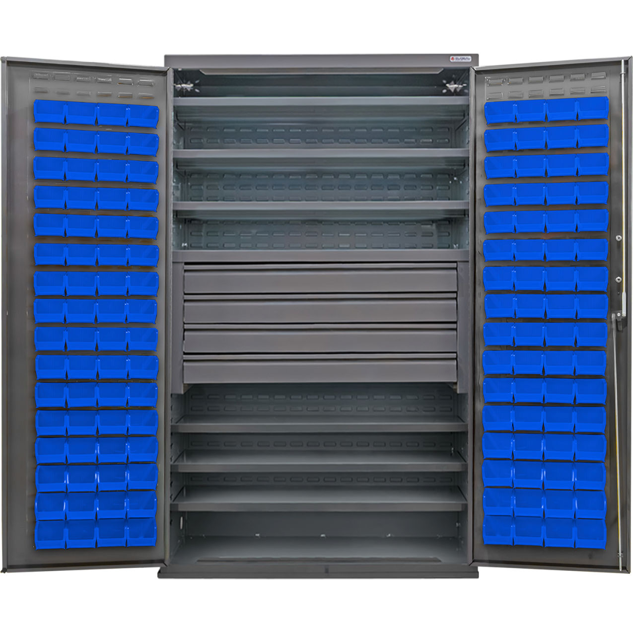 Configurable Drawer Cabinet, 48"Wx24"Dx78"H, 6 Shelves, 4 Drawers, 120 Blue Bins