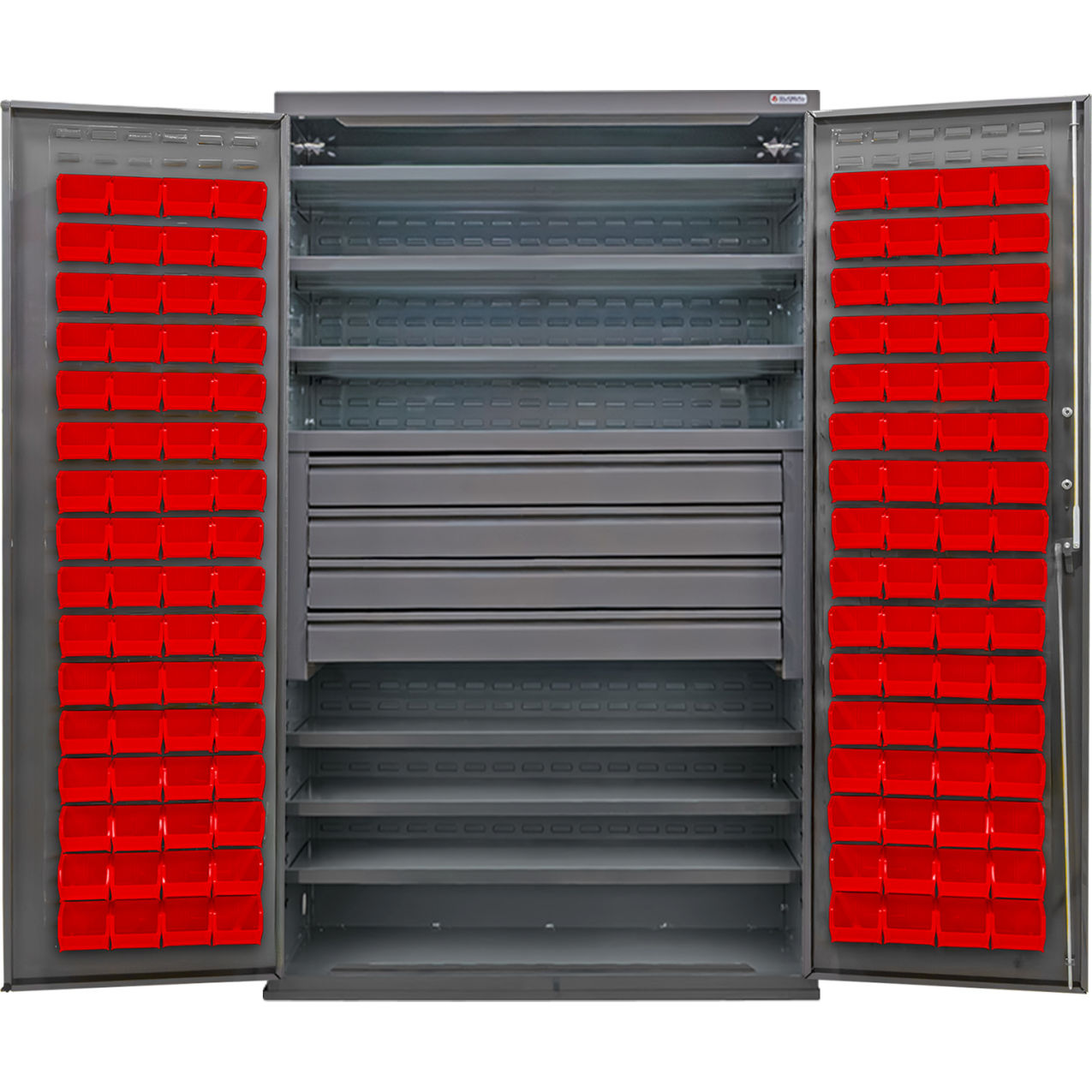 Configurable Drawer Cabinet, 48"Wx24"Dx78"H, 6 Shelves, 4 Drawers, 120 Red Bins