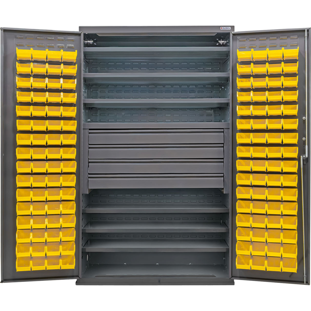 Configurable Drawer Cabinet, 48"Wx24"Dx78"H, 6 Shelves, 4 Drawers, 120 YLW Bins