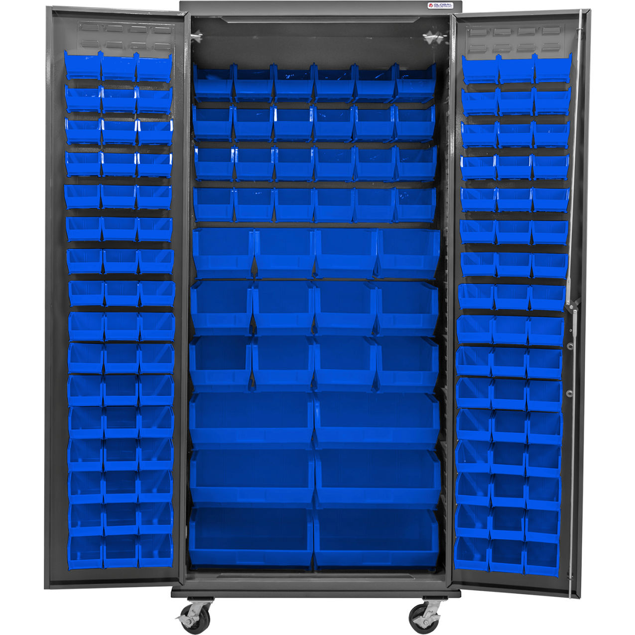 Configurable Mobile Bin Cabinet, 36"W x 24"D x 85"H, 138 Blue Bins