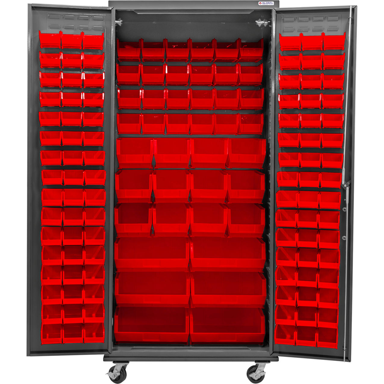 Configurable Mobile Bin Cabinet, 36"W x 24"D x 85"H, 138 Red Bins