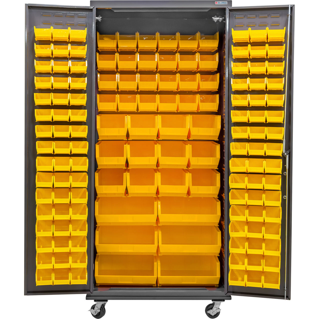 Configurable Mobile Bin Cabinet, 36"W x 24"D x 85"H, 138 Yellow Bins