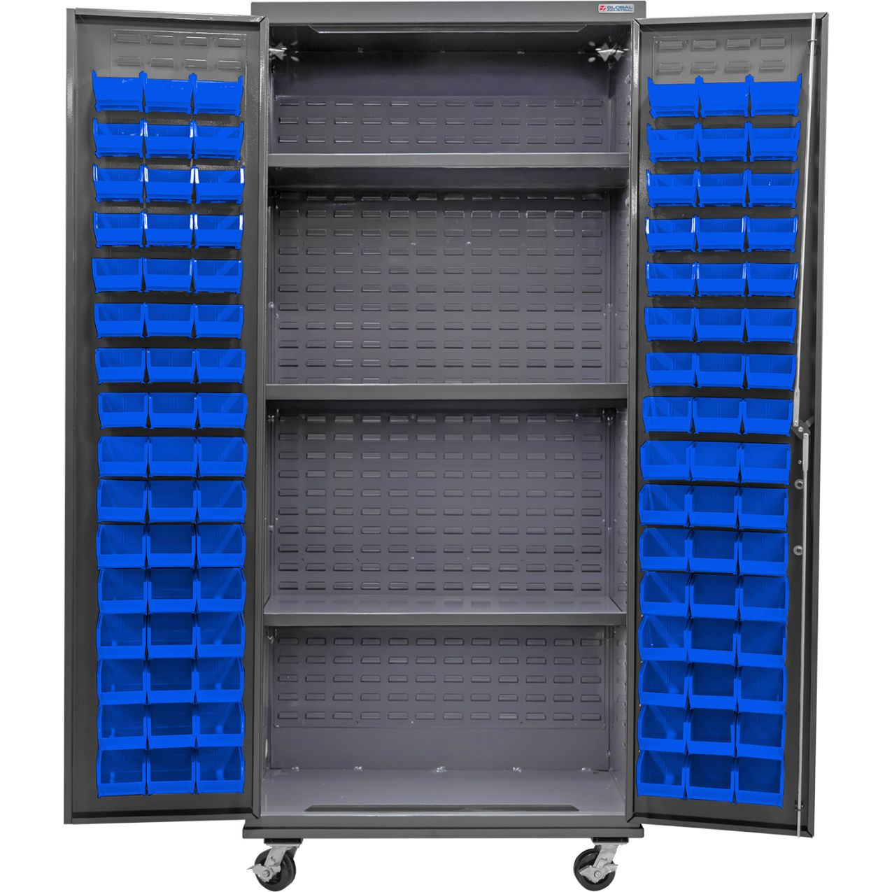 Configurable Mobile Bin & Shelf Cabinet, 36"Wx24"Dx85"H, 3 Shelves, 96 Blue Bins
