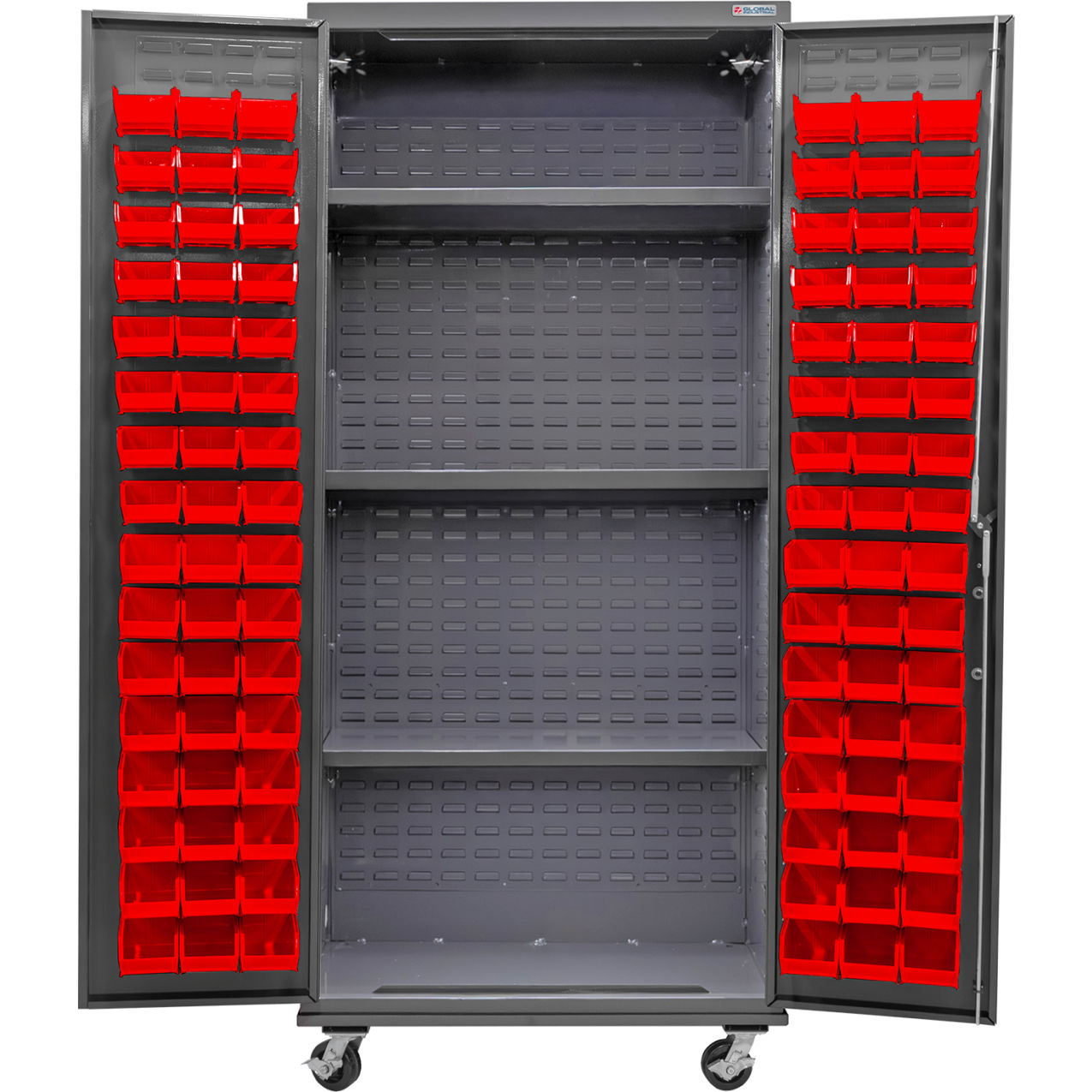 Configurable Mobile Bin & Shelf Cabinet, 36"Wx24"Dx85"H, 3 Shelves, 96 Red Bins