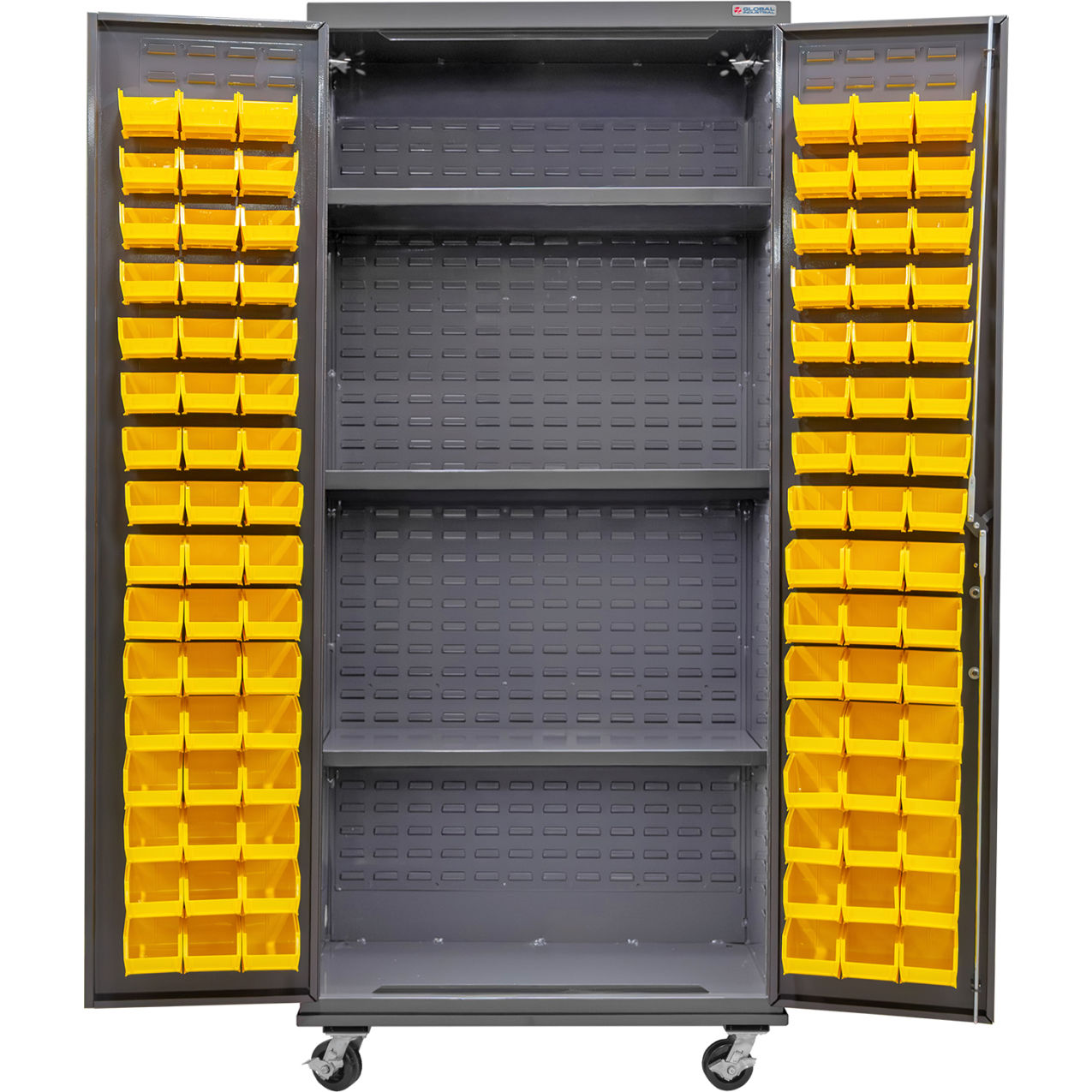 Configurable Mobile Bin & Shelf Cabinet, 36"Wx24"Dx85"H, 3 Shelves, 96 YLW Bins