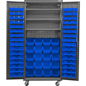 Configurable Mobile Bin Cabinet, 36"Wx24"Dx85"H, 3 Shelves, 120 Blue Bins