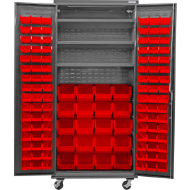 Configurable Mobile Bin Cabinet, 36"Wx24"Dx85"H, 3 Shelves, 120 Red Bins