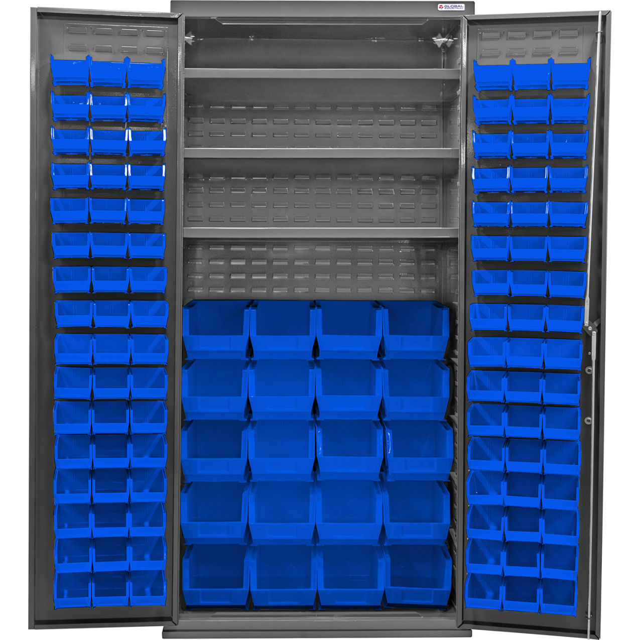 Configurable Bin & Shelf Cabinet, 36"Wx24"Dx78"H, 3 Shelves, 120 Blue Bins