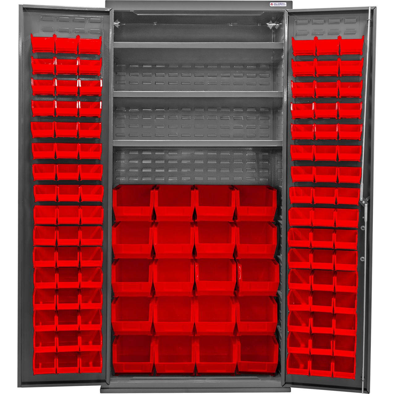 Configurable Bin & Shelf Cabinet, 36"Wx24"Dx78"H, 3 Shelves, 120 Red Bins