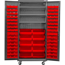 Configurable Mobile Bin & Shelf Cabinet, 36"x24"x85", 3 Shelves, 108 Red Bins