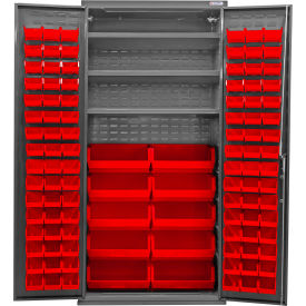 Configurable Bin & Shelf Cabinet, 36"W x 24"D x 78"H, 3 Shelves, 108 Red Bins