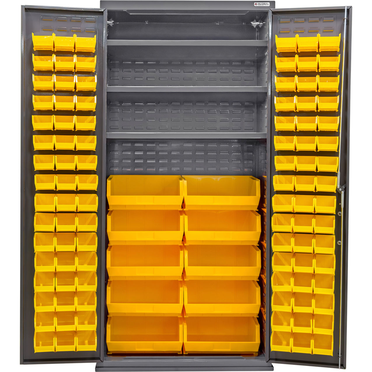 Configurable Bin & Shelf Cabinet, 36"W x 24"D x 78"H, 3 Shelves, 108 Yellow Bins