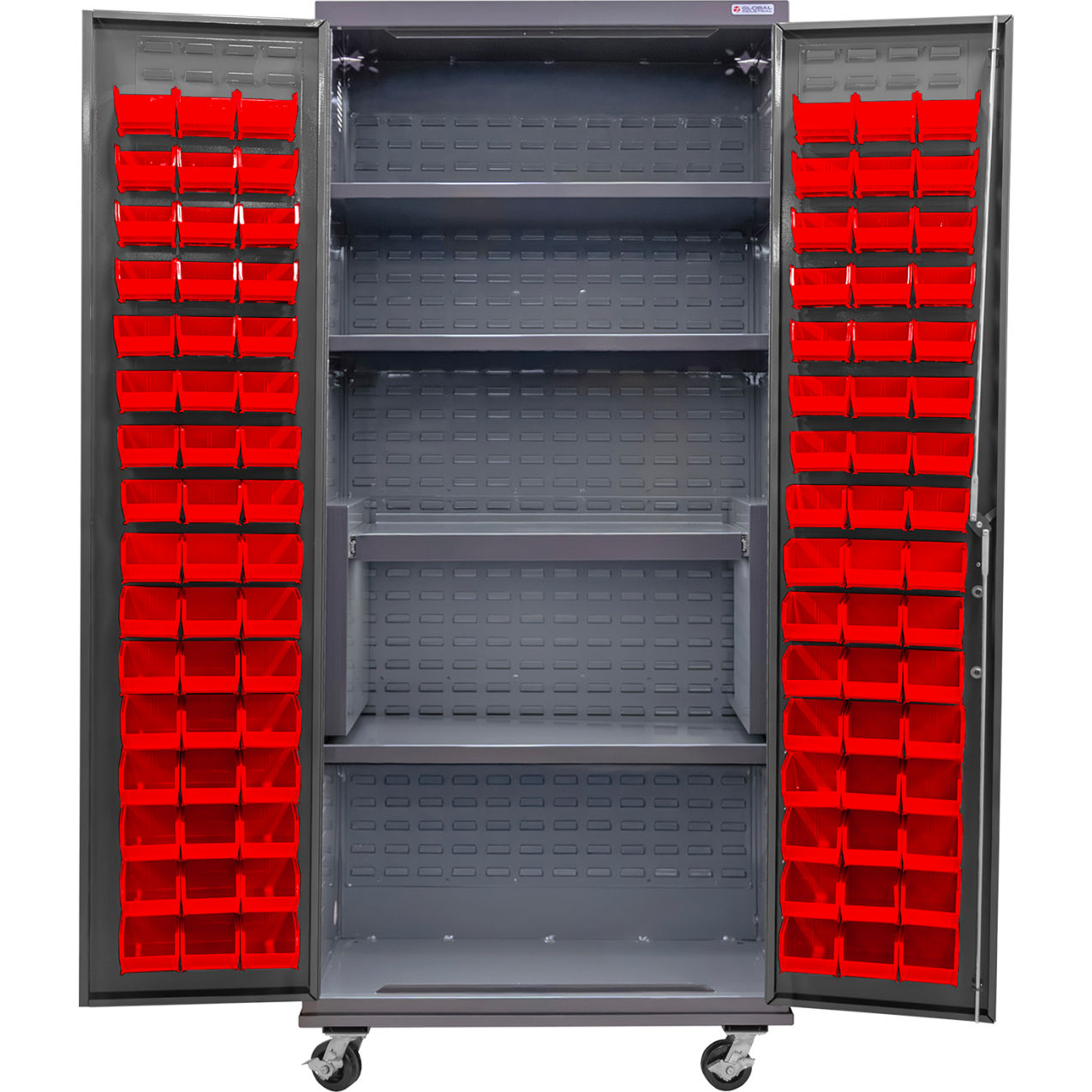 Configurable Mobile Bin & Shelf Cabinet, 36"Wx24"Dx85"H, 4 Shelves, 96 Red Bins