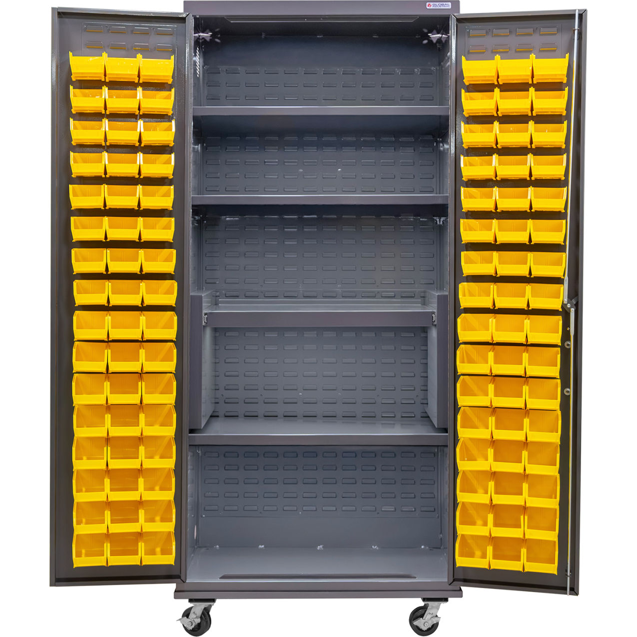Configurable Mobile Bin & Shelf Cabinet, 36"Wx24"Dx85"H, 4 Shelves, 96 YLW Bins