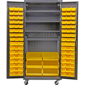 Configurable Mobile Bin & Shelf Cabinet, 36"x24"x85", 4 Shelves, 102 Yellow Bins