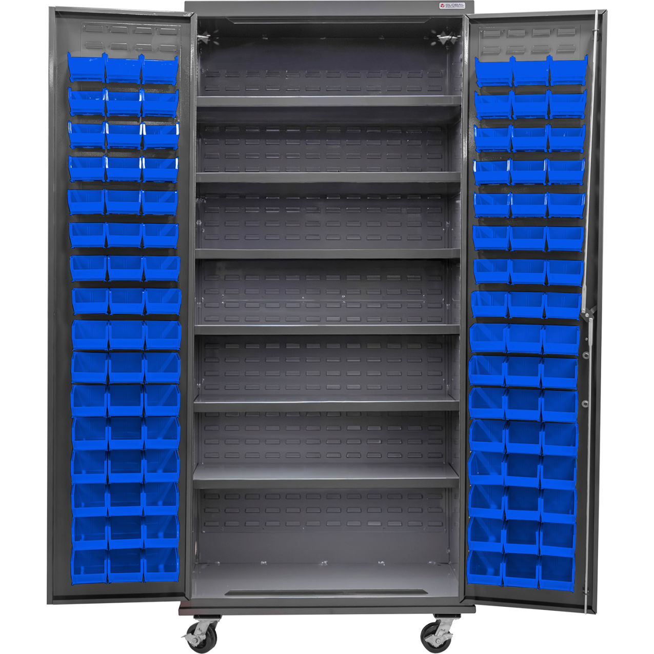 Configurable Mobile Bin & Shelf Cabinet, 36"Wx24"Dx85"H, 6 Shelves, 96 Blue Bins