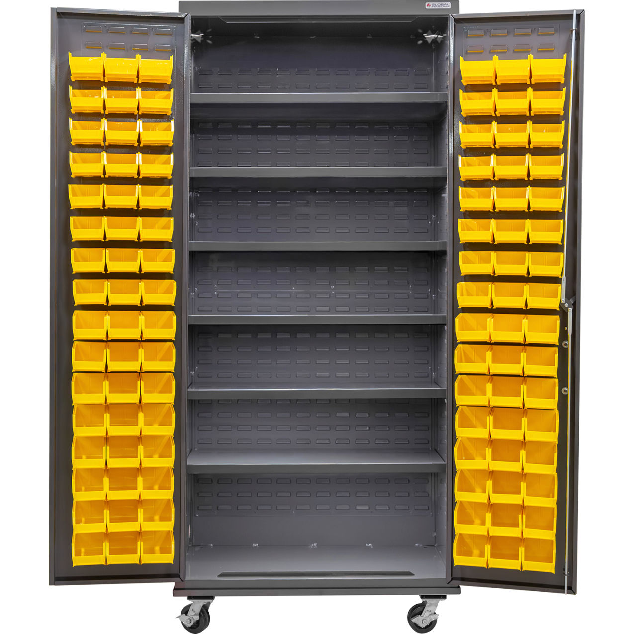 Configurable Mobile Bin & Shelf Cabinet, 36"Wx24"Dx85"H, 6 Shelves, 96 YLW Bins
