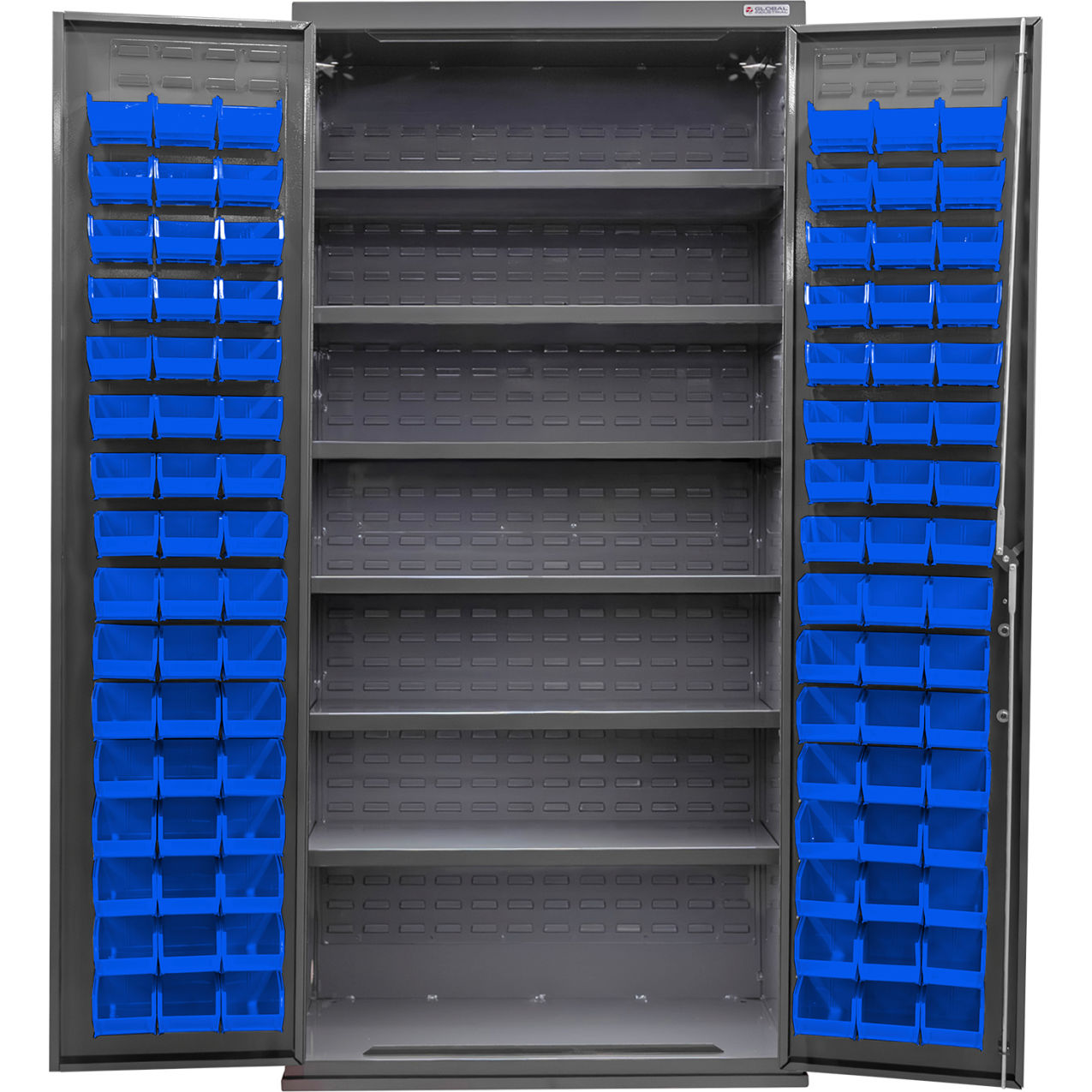 Configurable Bin & Shelf Cabinet, 36"W x 24"D x 78"H, 6 Shelves, 96 Blue Bins