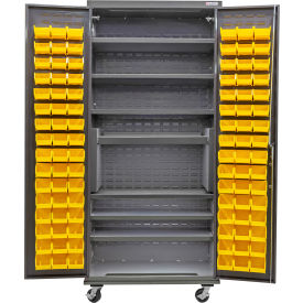 Configurable Mobile Bin & Shelf Cabinet, 36"Wx24"Dx85"H, 7 Shelves, 96 YLW Bins