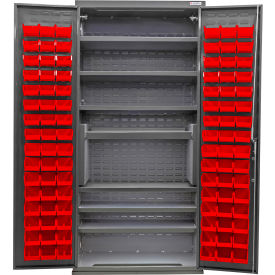 Configurable Bin & Shelf Cabinet, 36"W x 24"D x 78"H, 7 Shelves, 96 Red Bins