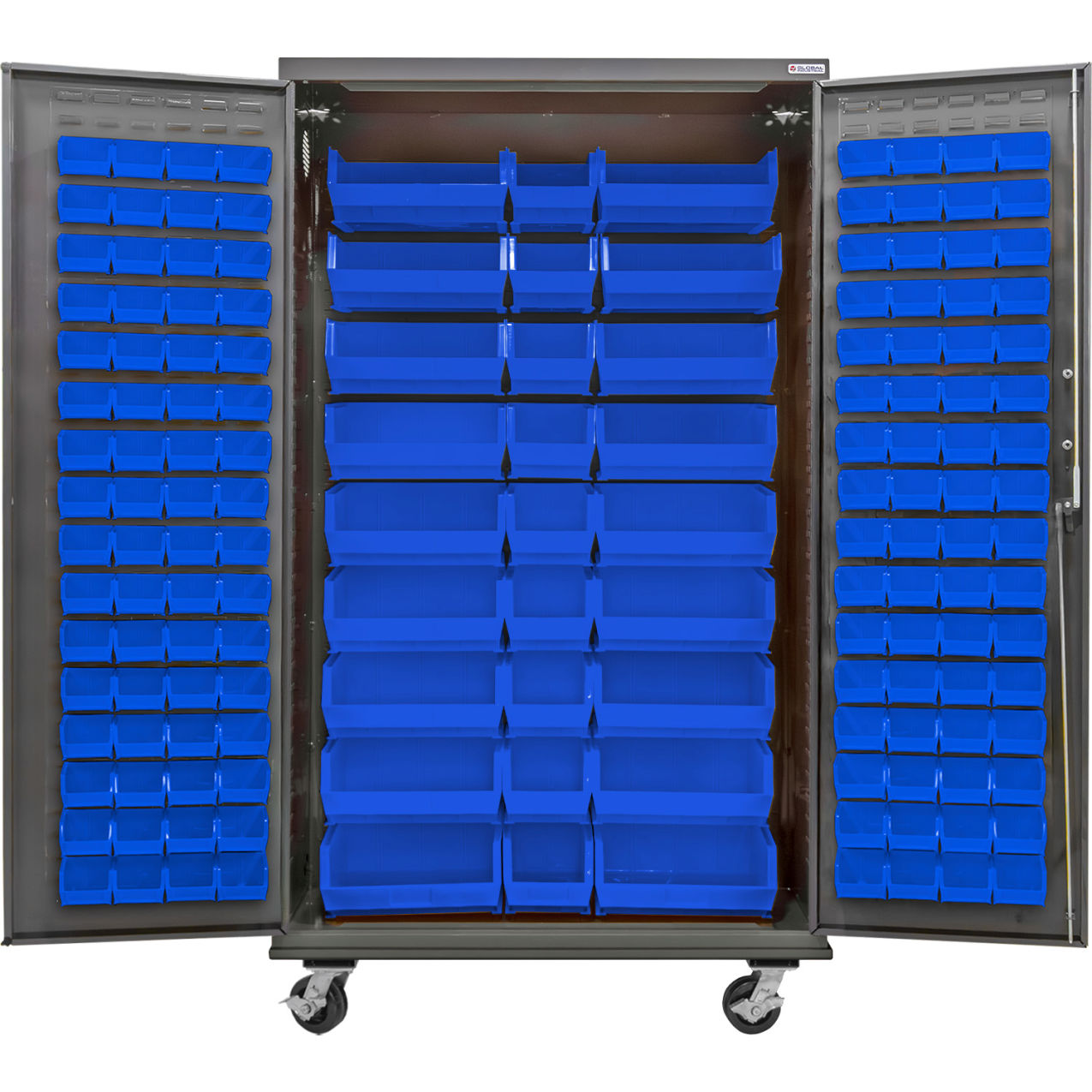Configurable Mobile Bin Cabinet, 48"W x 24"D x 85"H, 150 Blue Bins