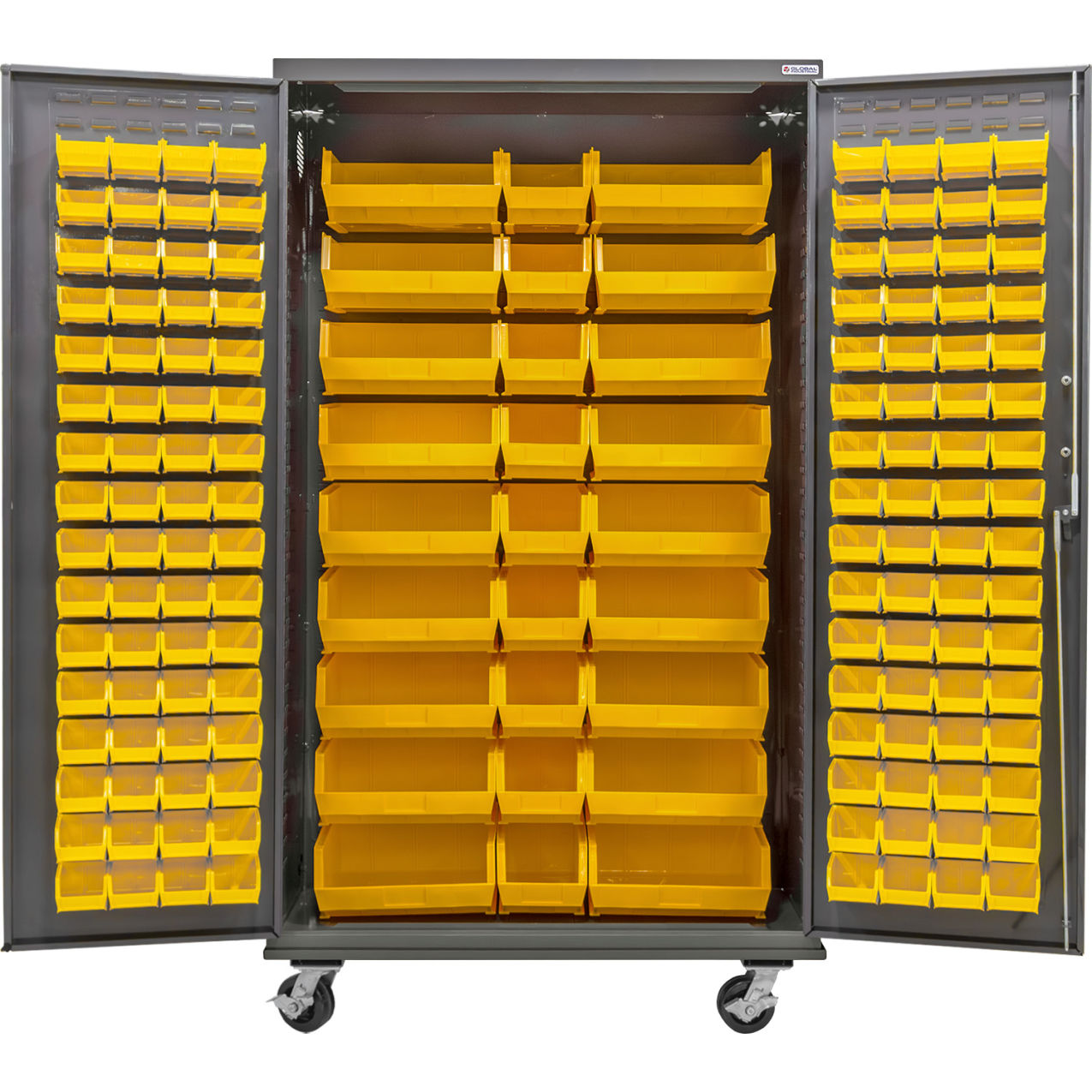 Configurable Mobile Bin Cabinet, 48"W x 24"D x 85"H, 150 Yellow Bins