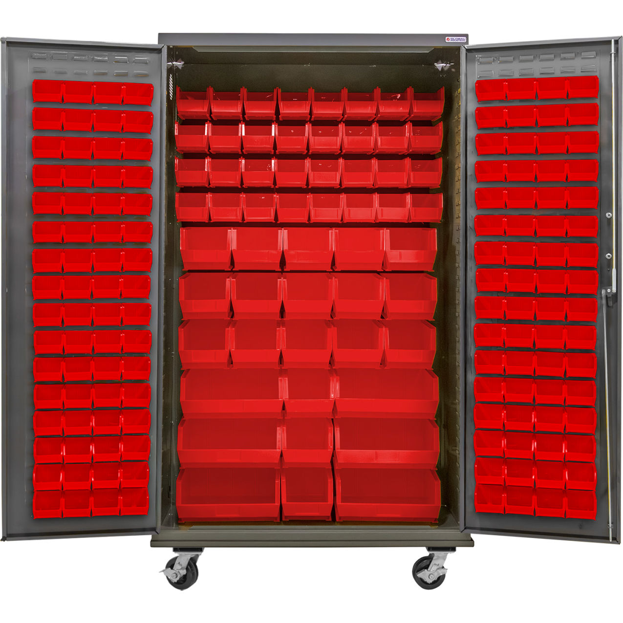 Configurable Mobile Bin Cabinet, 48"W x 24"D x 85"H, 210 Red Bins