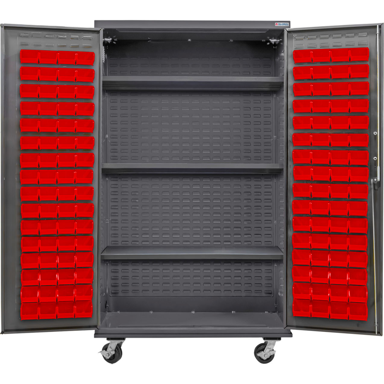 Configurable Mobile Bin & Shelf Cabinet, 48"Wx24"Dx85"H, 3 Shelves, 120 Red Bins