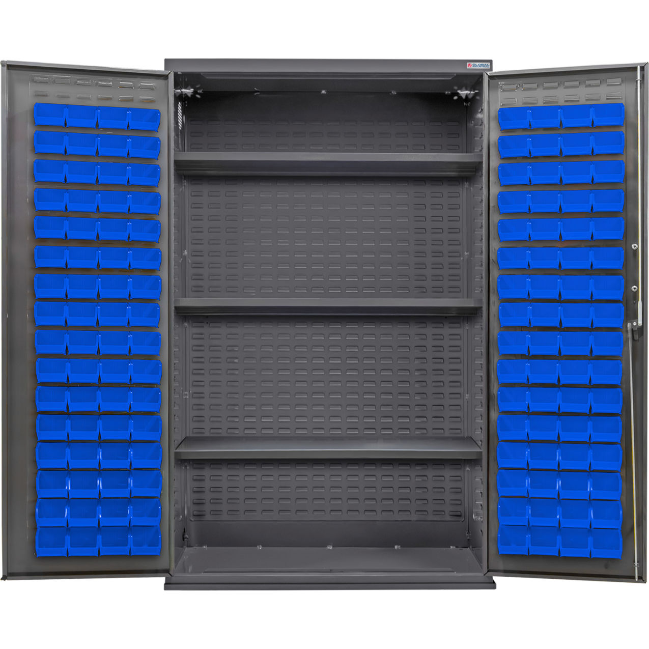Configurable Bin & Shelf Cabinet, 48"W x 24"D x 78"H, 3 Shelves, 120 Blue Bins