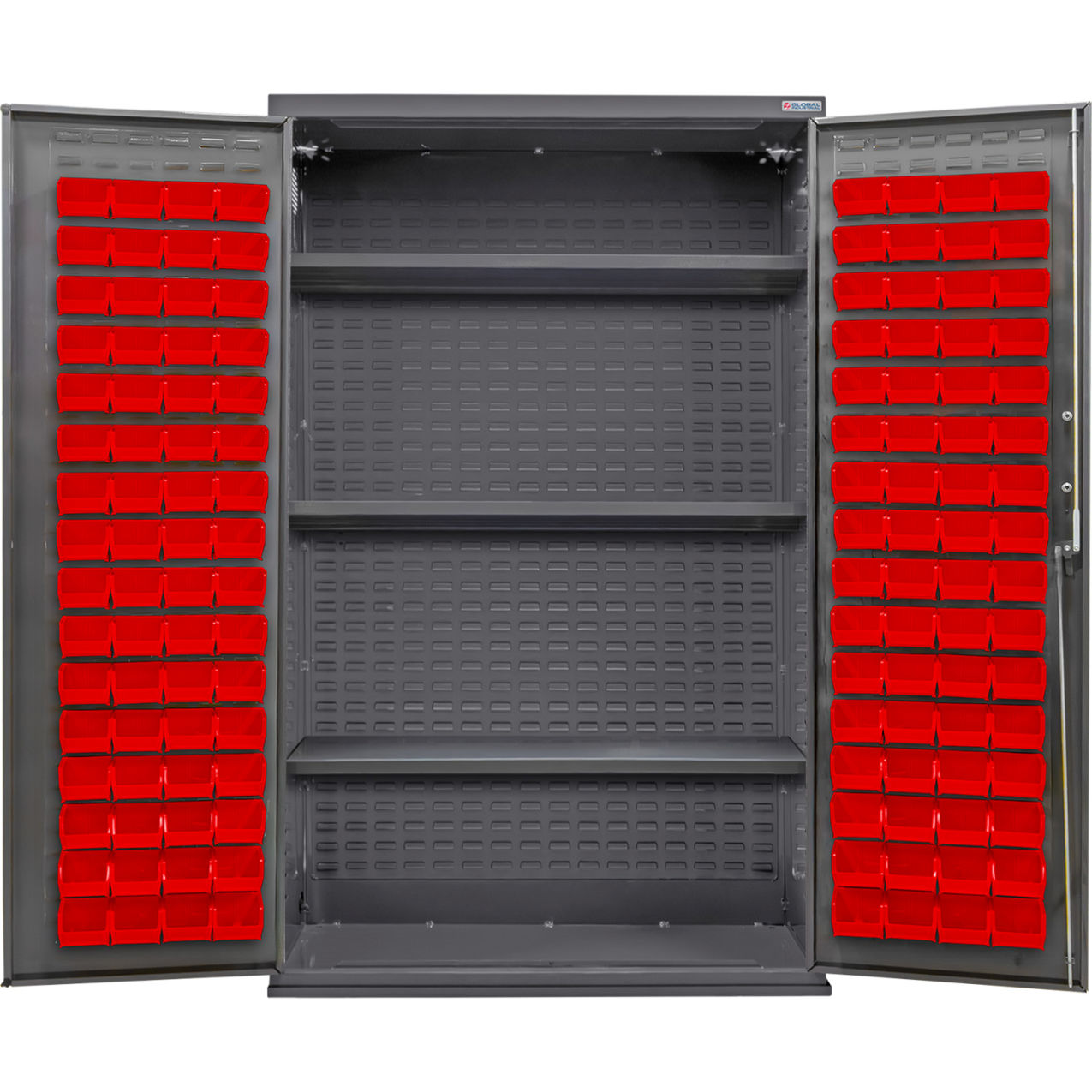 Configurable Bin & Shelf Cabinet, 48"W x 24"D x 78"H, 3 Shelves, 120 Red Bins