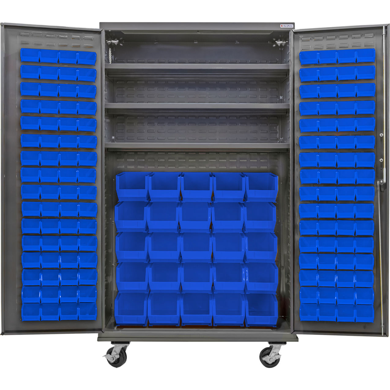Configurable Mobile Bin Cabinet, 48"Wx24"Dx85"H, 3 Shelves, 156 Blue Bins