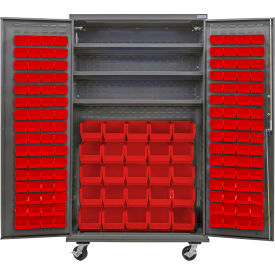 Configurable Mobile Bin Cabinet, 48"Wx24"Dx85"H, 3 Shelves, 156 Red Bins