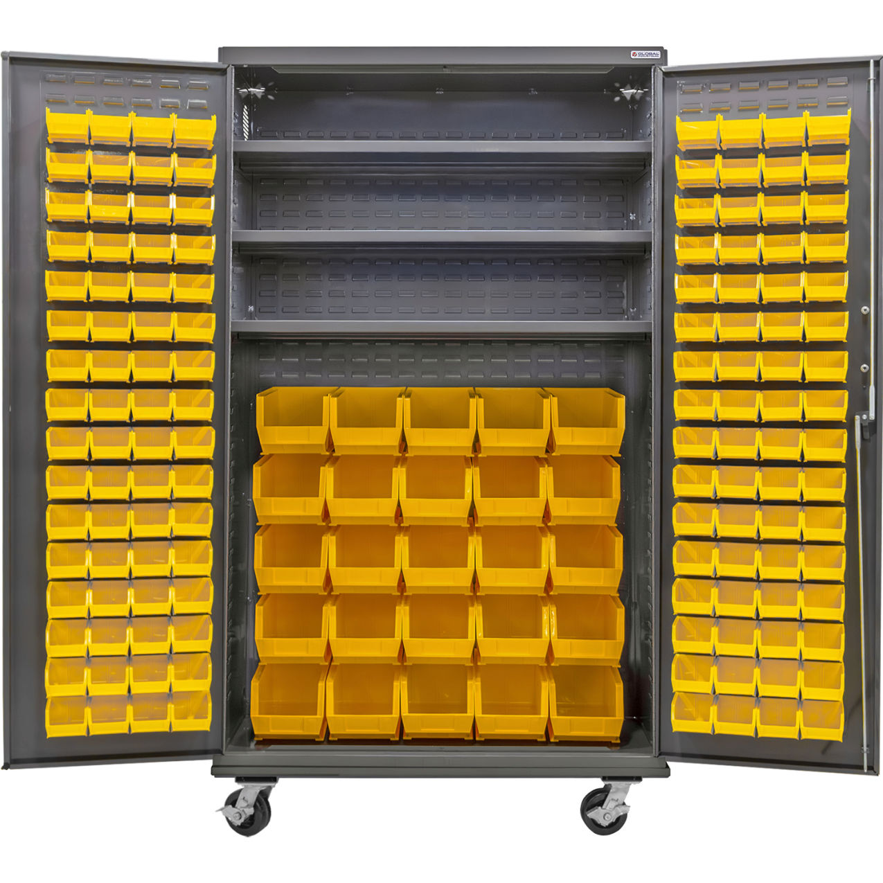 Configurable Mobile Bin Cabinet, 48"Wx24"Dx85"H, 3 Shelves, 156 Yellow Bins