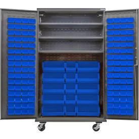 Configurable Mobile Bin & Shelf Cabinet, 48"x24"x85", 3 Shelves, 144 Blue Bins