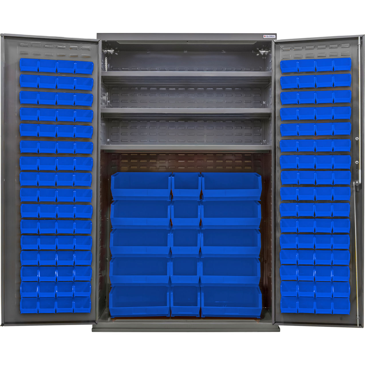 Configurable Bin & Shelf Cabinet, 48"W x 24"D x 78"H, 3 Shelves, 144 Blue Bins