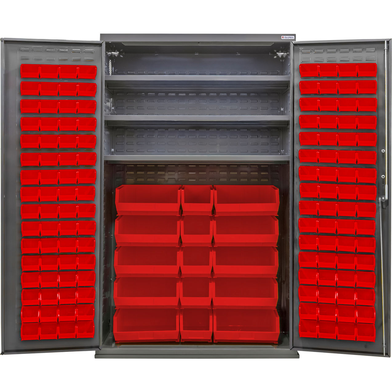 Configurable Bin & Shelf Cabinet, 48"W x 24"D x 78"H, 3 Shelves, 144 Red Bins
