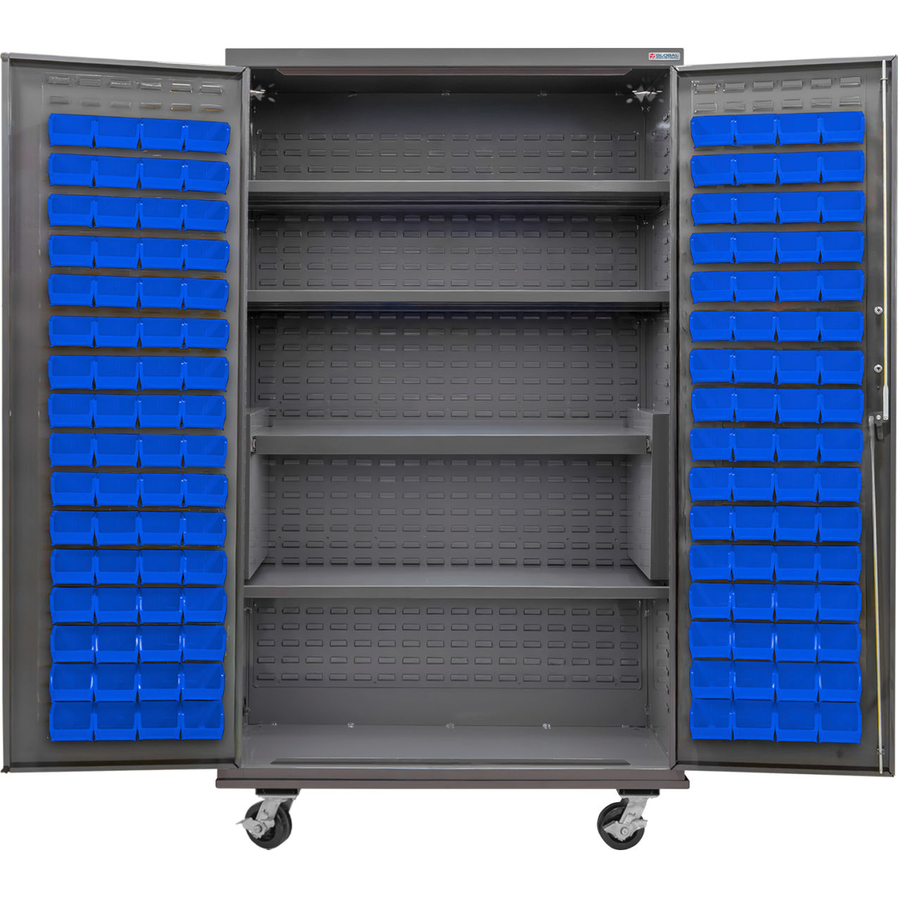 Configurable Mobile Bin & Shelf Cabinet, 48"Wx24"Dx85"H, 4 Shelves, 120 Blue Bins