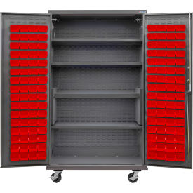 Configurable Mobile Bin & Shelf Cabinet, 48"Wx24"Dx85"H, 4 Shelves, 120 Red Bins