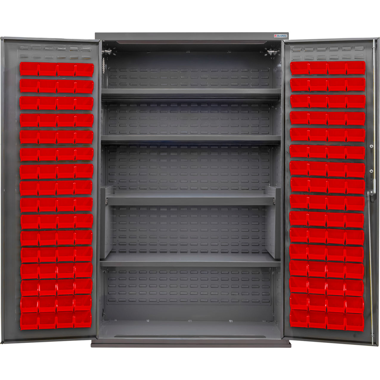 Configurable Bin & Shelf Cabinet, 48"W x 24"D x 78"H, 4 Shelves, 120 Red Bins