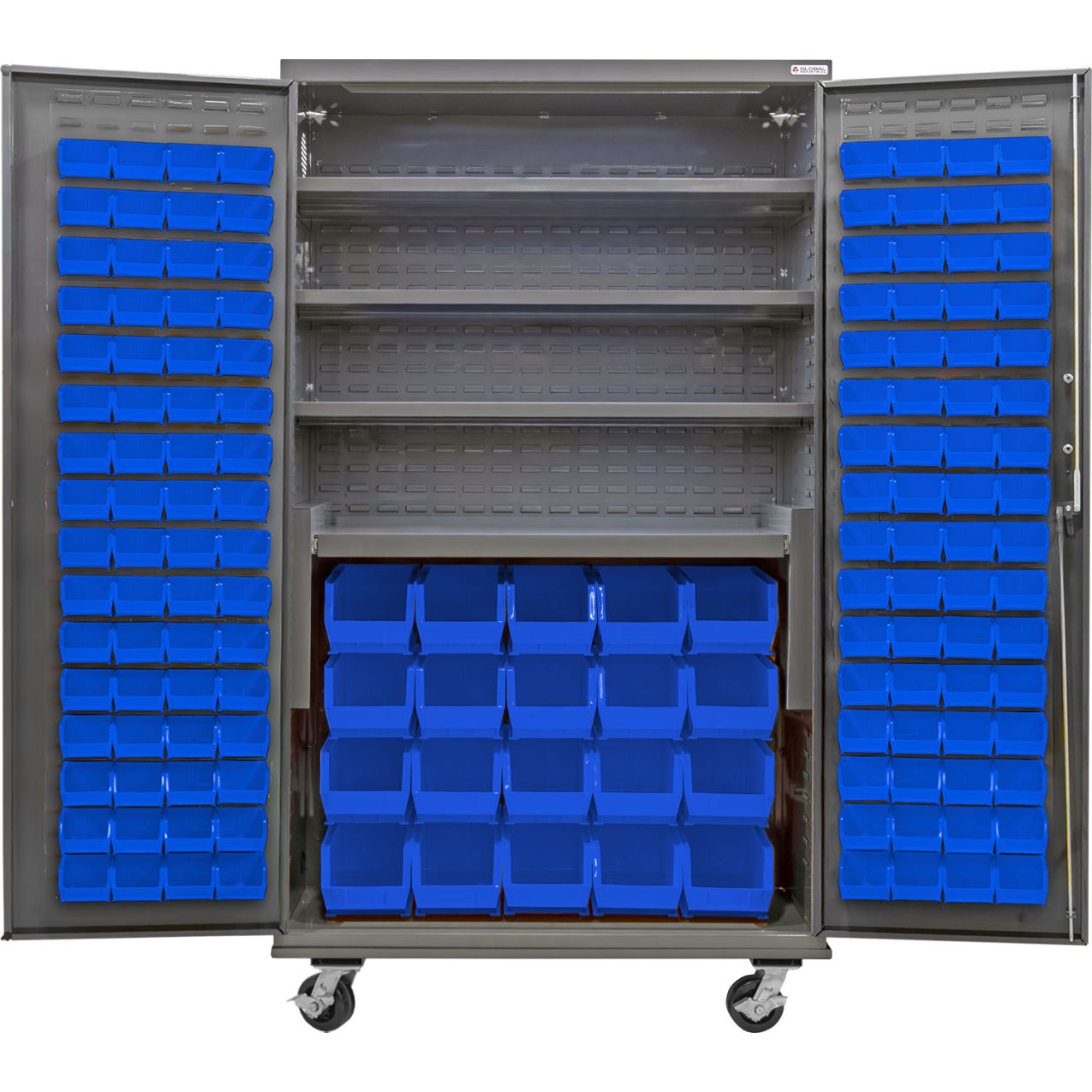 Configurable Mobile Bin Cabinet, 48"Wx24"Dx85"H, 4 Shelves, 144 Blue Bins