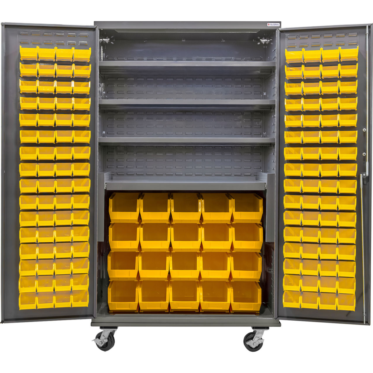 Configurable Mobile Bin Cabinet, 48"Wx24"Dx85"H, 4 Shelves, 144 Yellow Bins