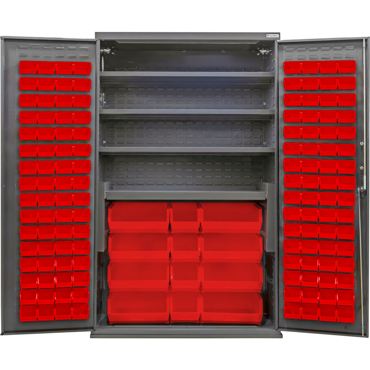 Configurable Bin & Shelf Cabinet, 48"W x 24"D x 78"H, 4 Shelves, 144 Red Bins