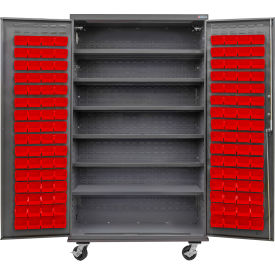 Configurable Mobile Bin & Shelf Cabinet, 48"Wx24"Dx85"H, 6 Shelves, 120 Red Bins