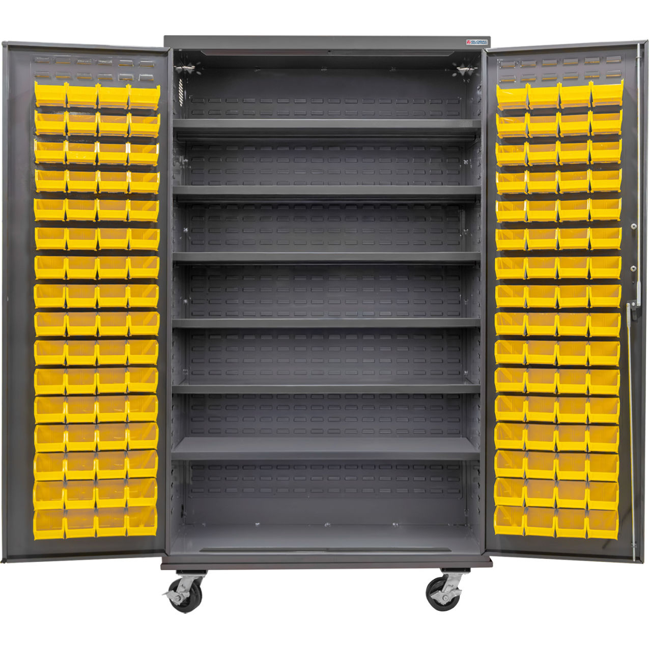 Configurable Mobile Bin & Shelf Cabinet, 48"Wx24"Dx85"H, 6 Shelves, 120 YLW Bins